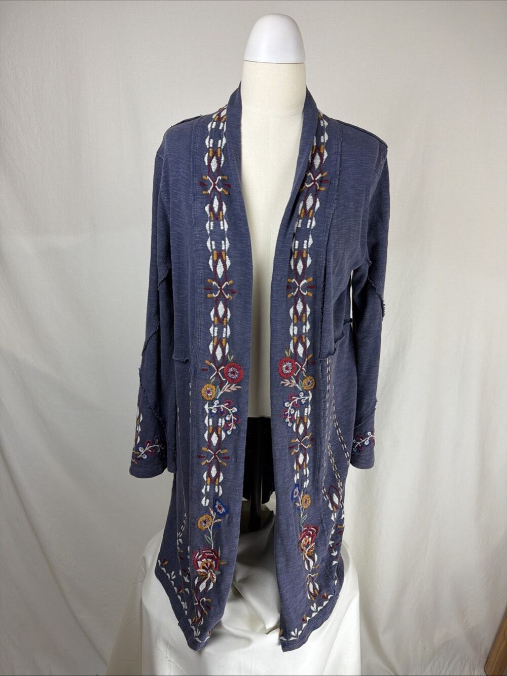 NWT Caite "Isla" Blue Embroidered Floral Open Long Cardigan Sweater XL #0720